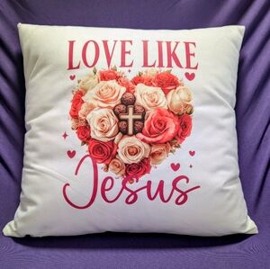 Love Like Jesus Floral Cross Decorative Pillow - White with Pink & Cream Roses